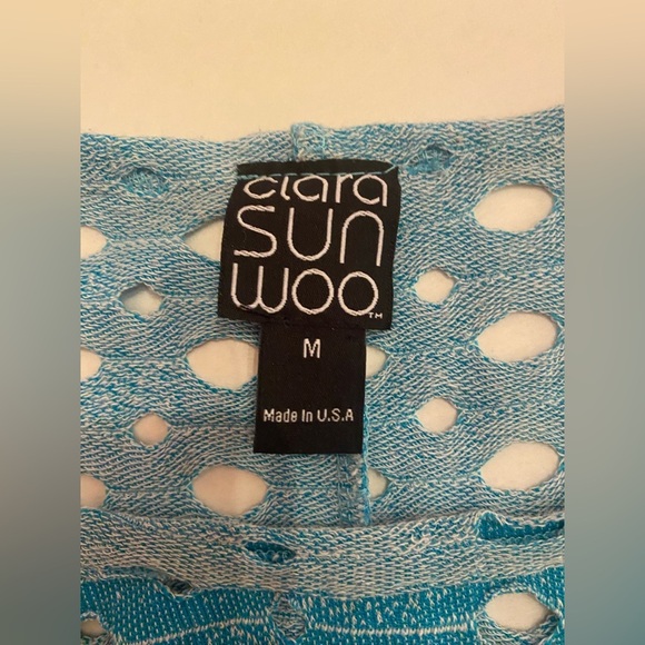 Clara Sun Woo Lightweight Sweater Sz Medium Turquoise Blue Distressed Open Knit - Picture 5 of 7
